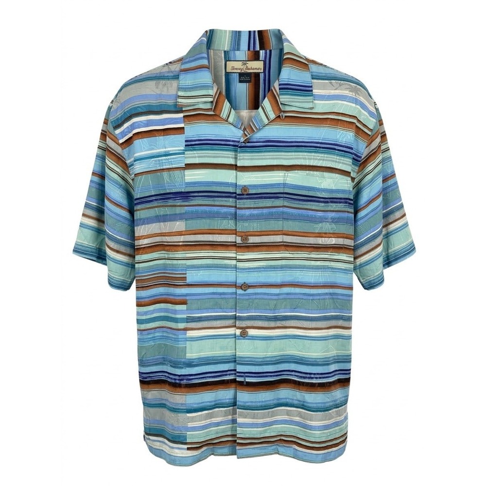 Tommy Bahama Silk Striped Tonal Floral Hawaiian Camp Shirt Blue Multi 51-T3078 L